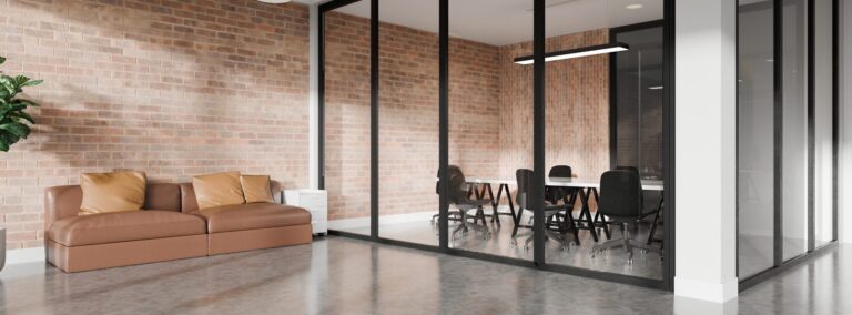 3d,Modern,Industrial,Office,Interior,With,Brick,Walls,,Glass,Meeting